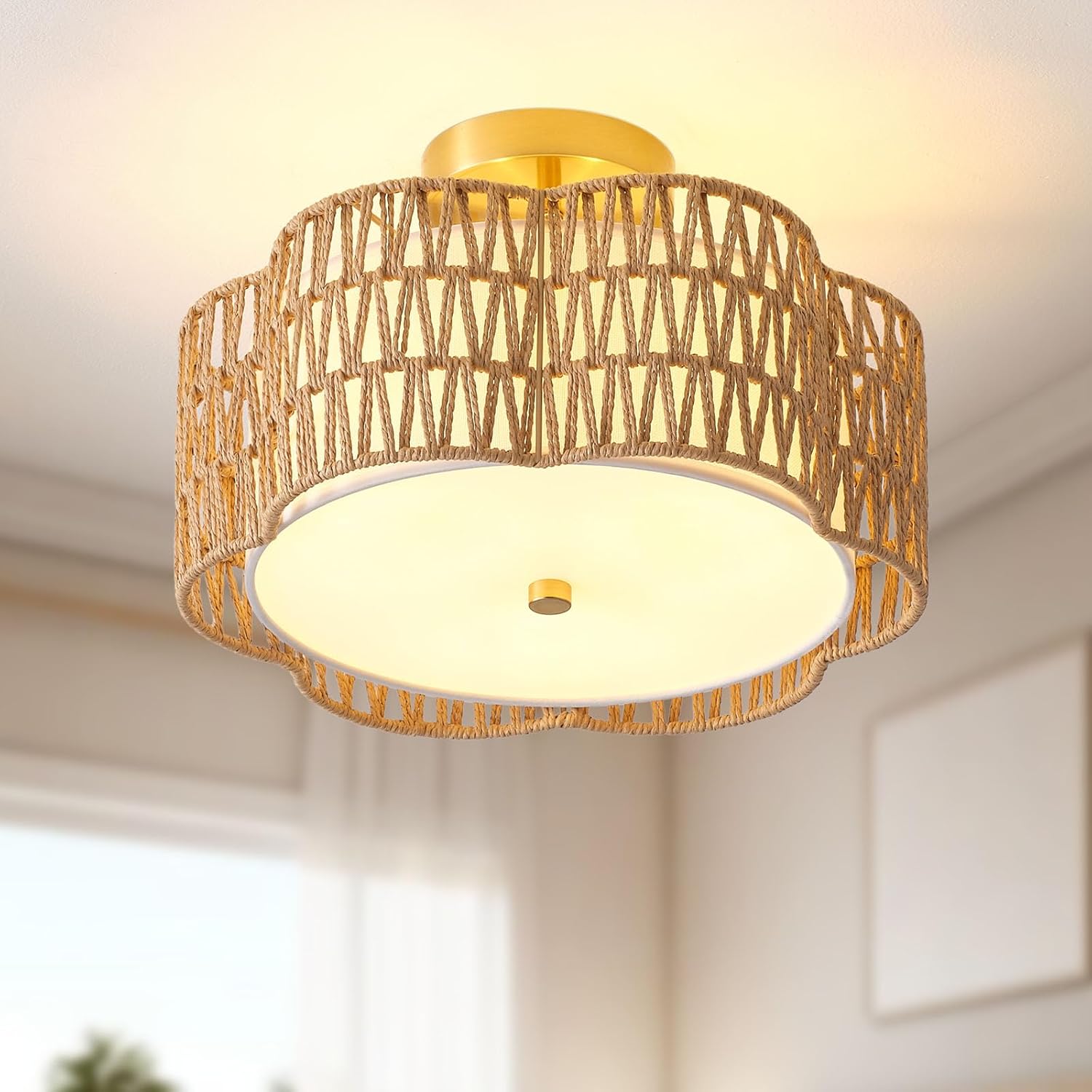 Boho Rattan Ceiling Light Fixture for Bedroom and Hallway