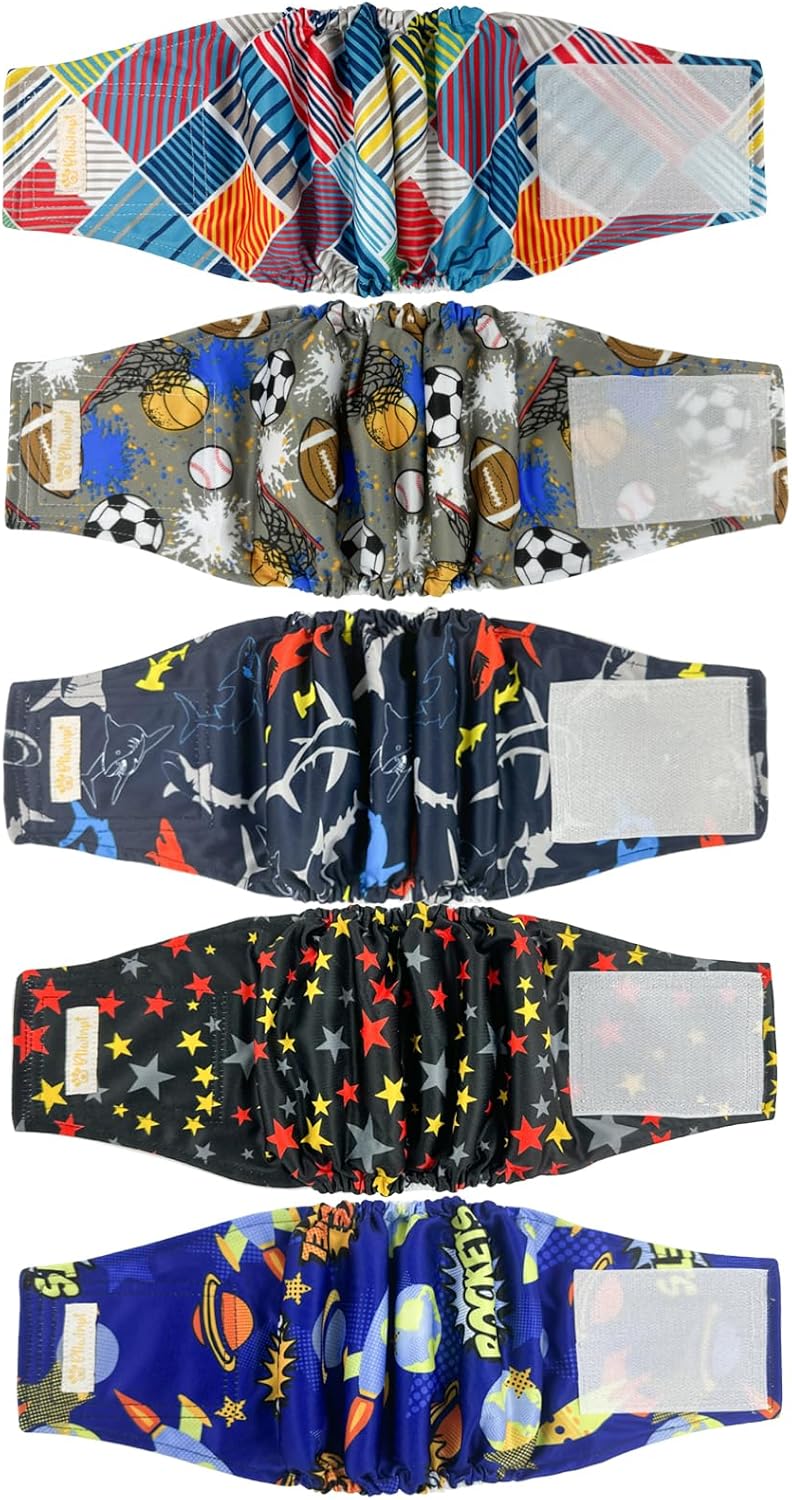 Reusable Belly Bands for Male Dogs with Cute Patterns - 5 Pack