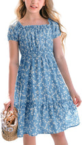 Girls Summer Floral Midi Dress with Square Neck and Puff Sleeves