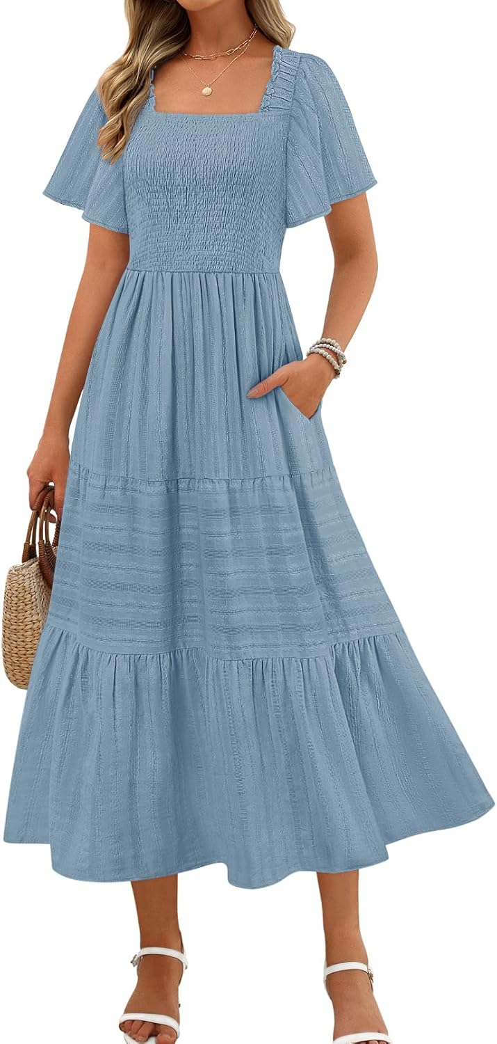 MEROKEETY Women's Summer Flowy Midi Maxi Dress with Pockets