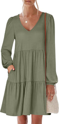 Womens Long Sleeve Tiered V Neck Dress - Flowy Casual Fall Style