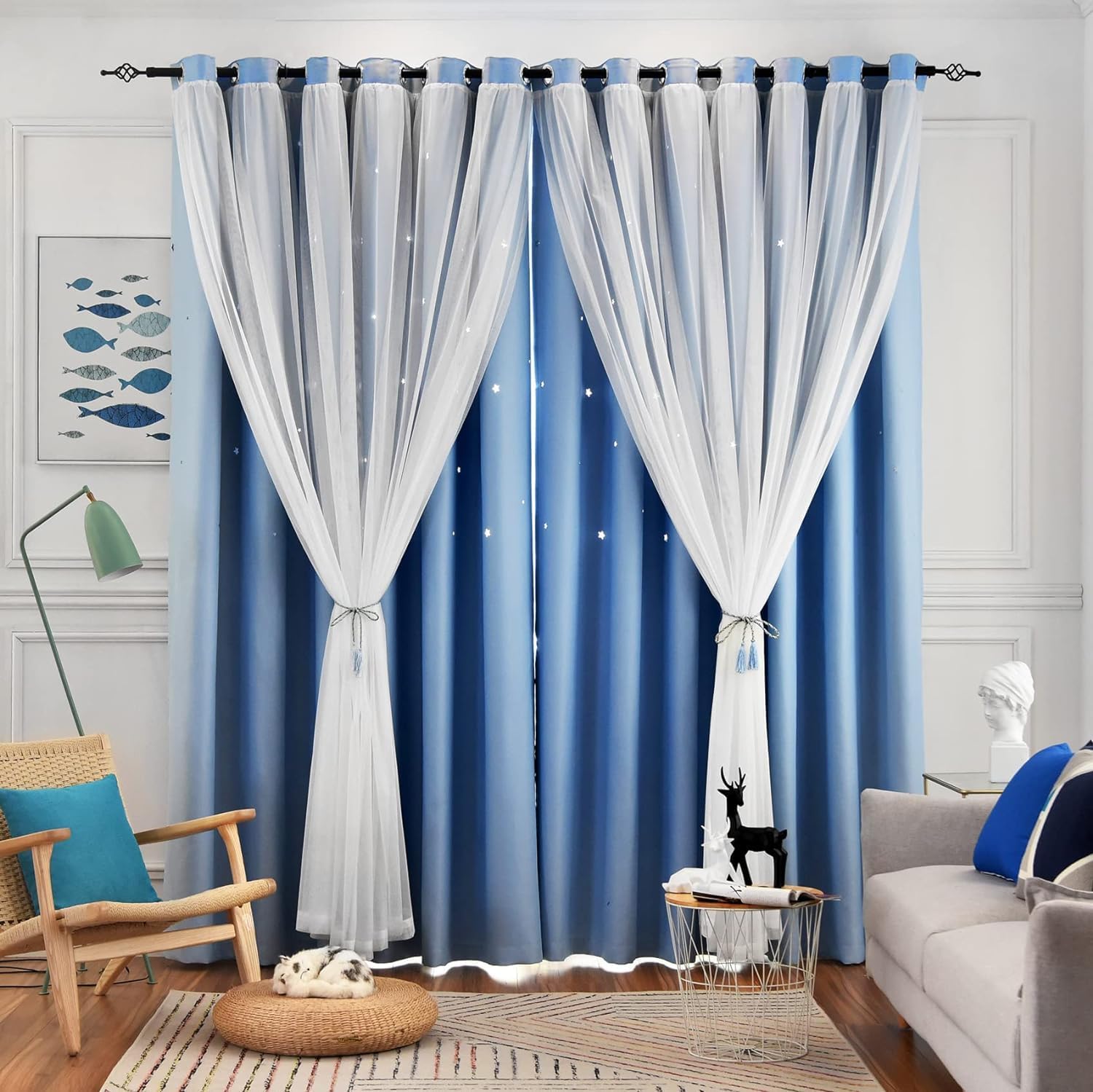 Star Curtains for Bedroom & Living Room - Blue Blackout Panels