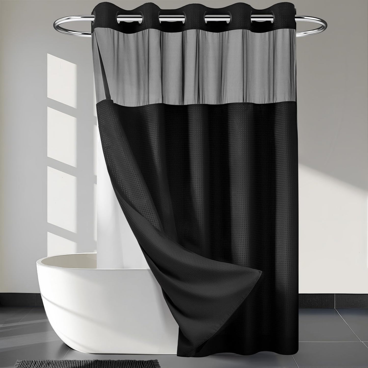 River Dream Black Shower Curtain with Snap in Liner for Spa Bath