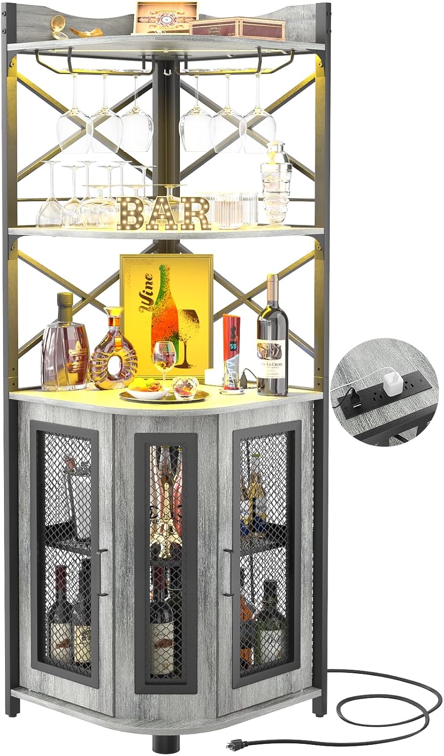 Corner Bar Cabinet with Power Outlet and LED Strip Lighting