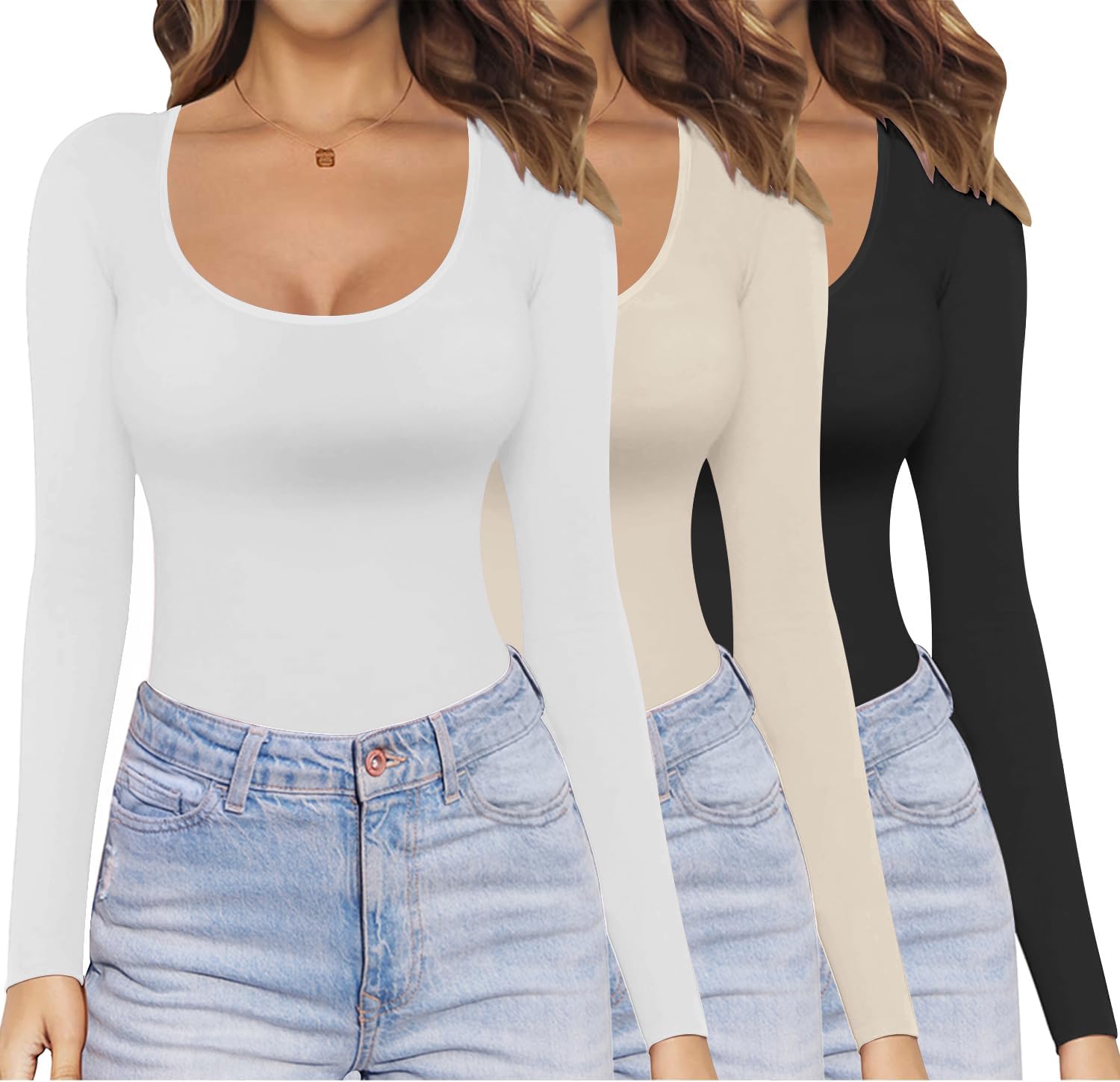 Ekouaer Womens Long Sleeve Scoop Neck Tops 3 Pack for All Seasons