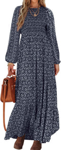 Women's Floral Smocked Tiered Maxi Dress - Long Sleeve Flowy Fit