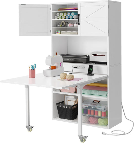 DWVO Sewing Craft Table with Storage and USB Power Outlets