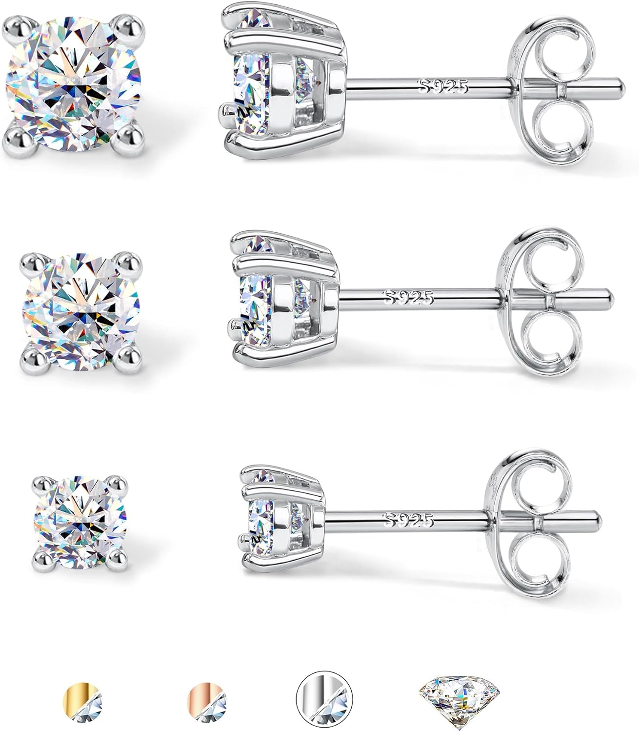 3 Pairs Moissanite Earrings Studs in 14K Gold Plated Silver