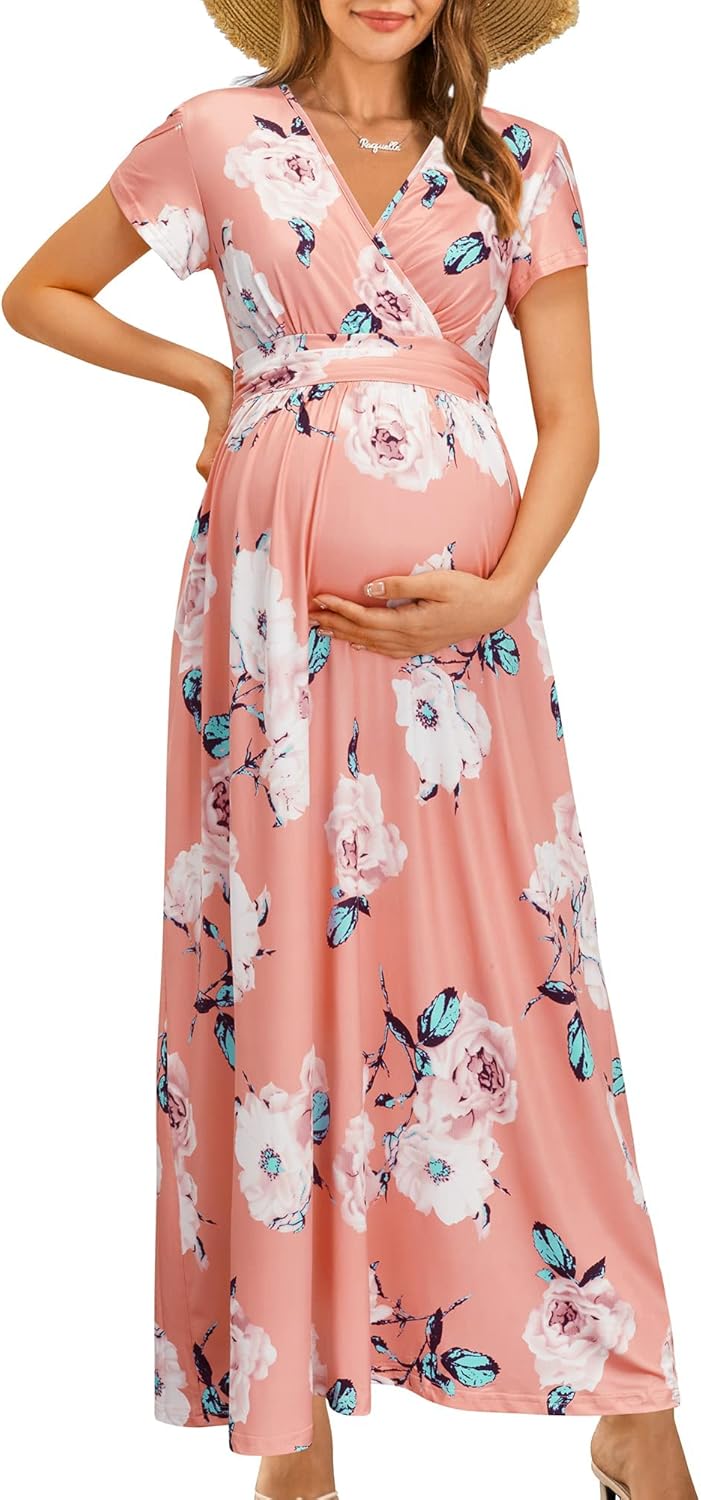 OUGES Maternity Maxi Dress Wrap V Neck for Baby Shower Events