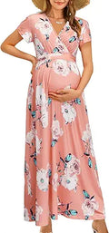OUGES Maternity Maxi Dress Wrap V Neck - Floral Nursing Dress