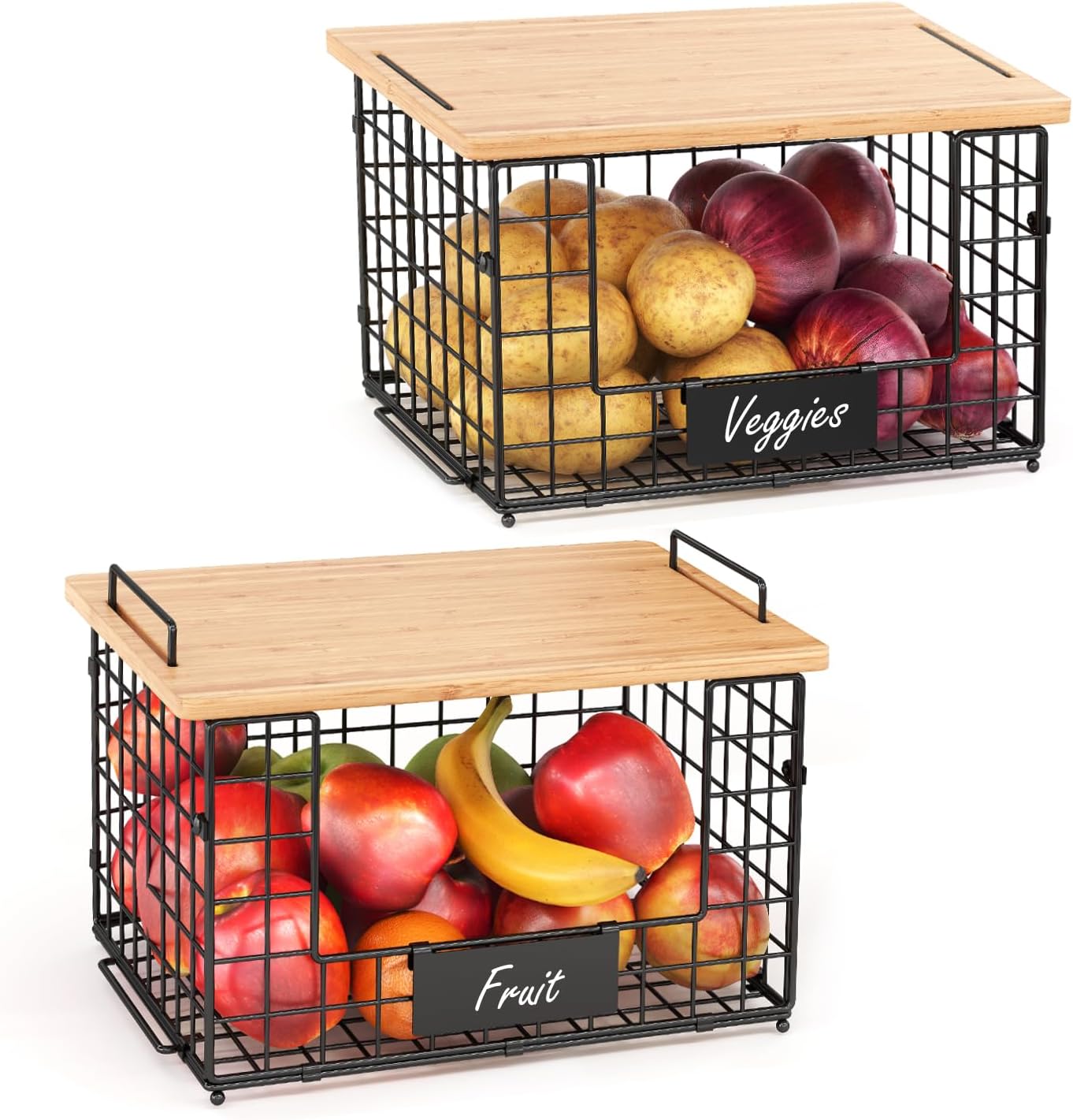 XL Stackable Wire Baskets with Bamboo Top for Kitchen Storage
