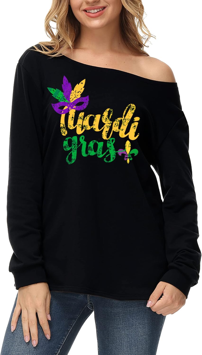 Deerose Mardi Gras Off Shoulder Sweatshirt - Festive Chic!