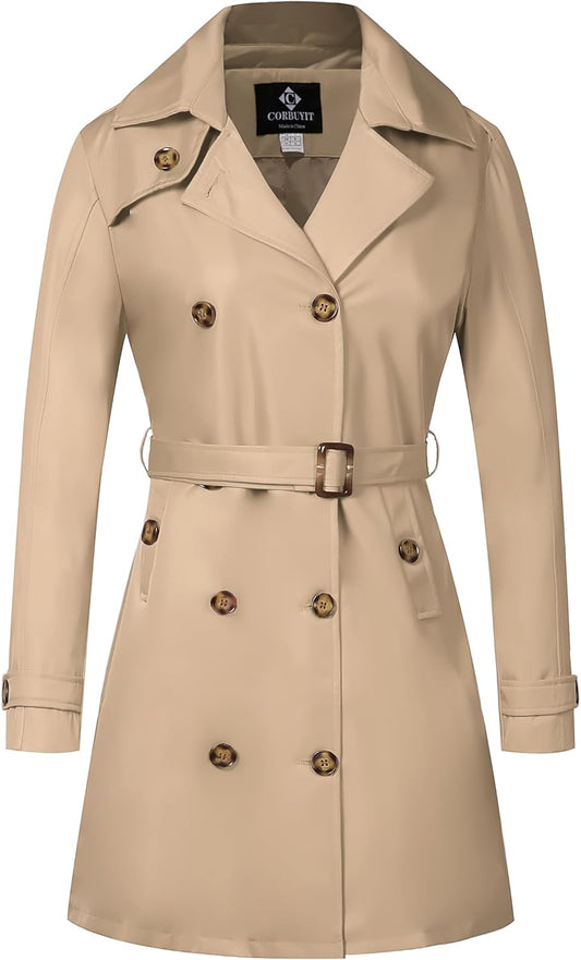 Trench Coats for Women - Double Breasted Mid-Length Overcoat
