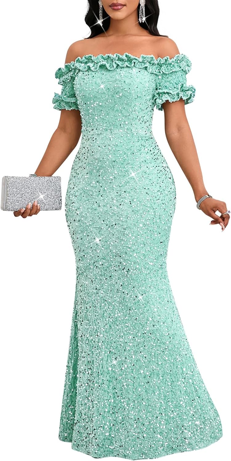 Women Sexy Sequin Off Shoulder Ruffle Bodycon Mermaid Dress