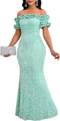 Women Sequin Off Shoulder Ruffle Bodycon Mermaid Maxi Dress - Glam you