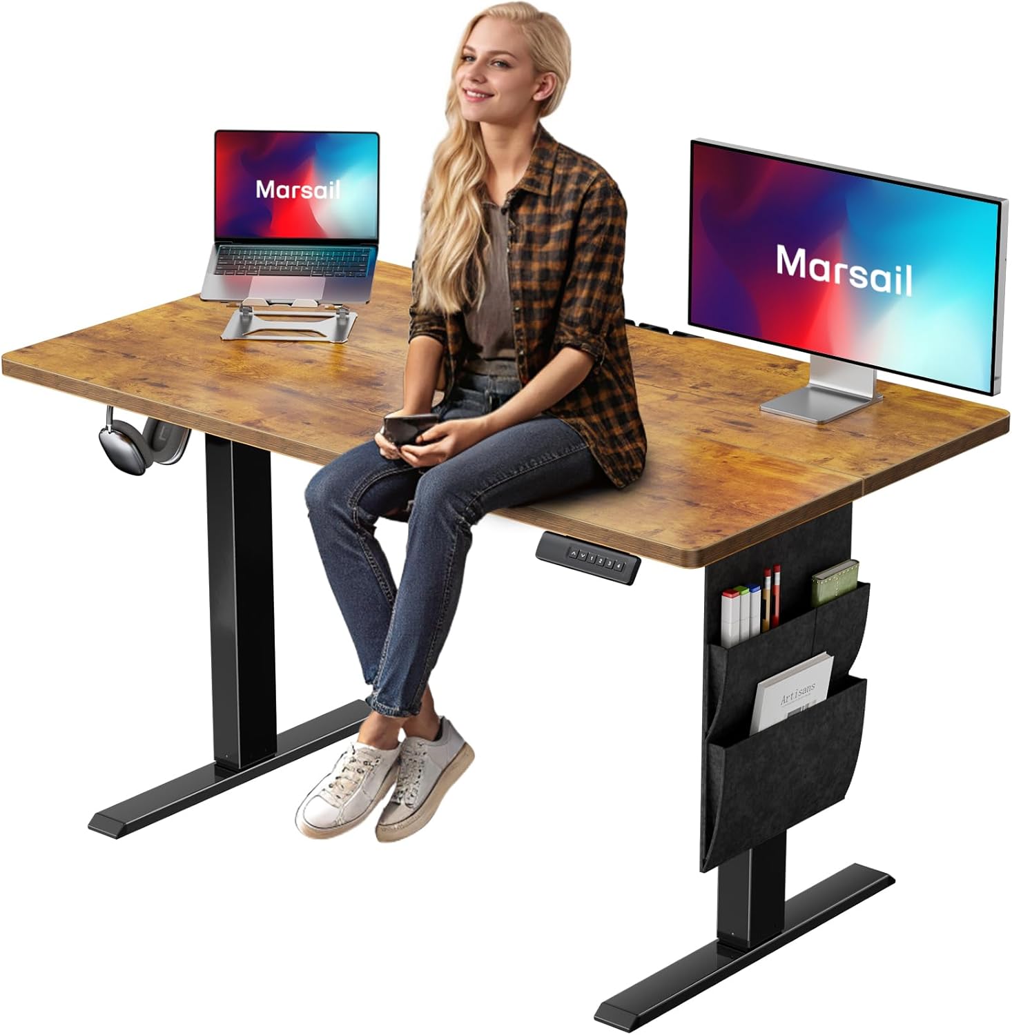 Marsail Adjustable Height Standing Desk with Storage and Hook