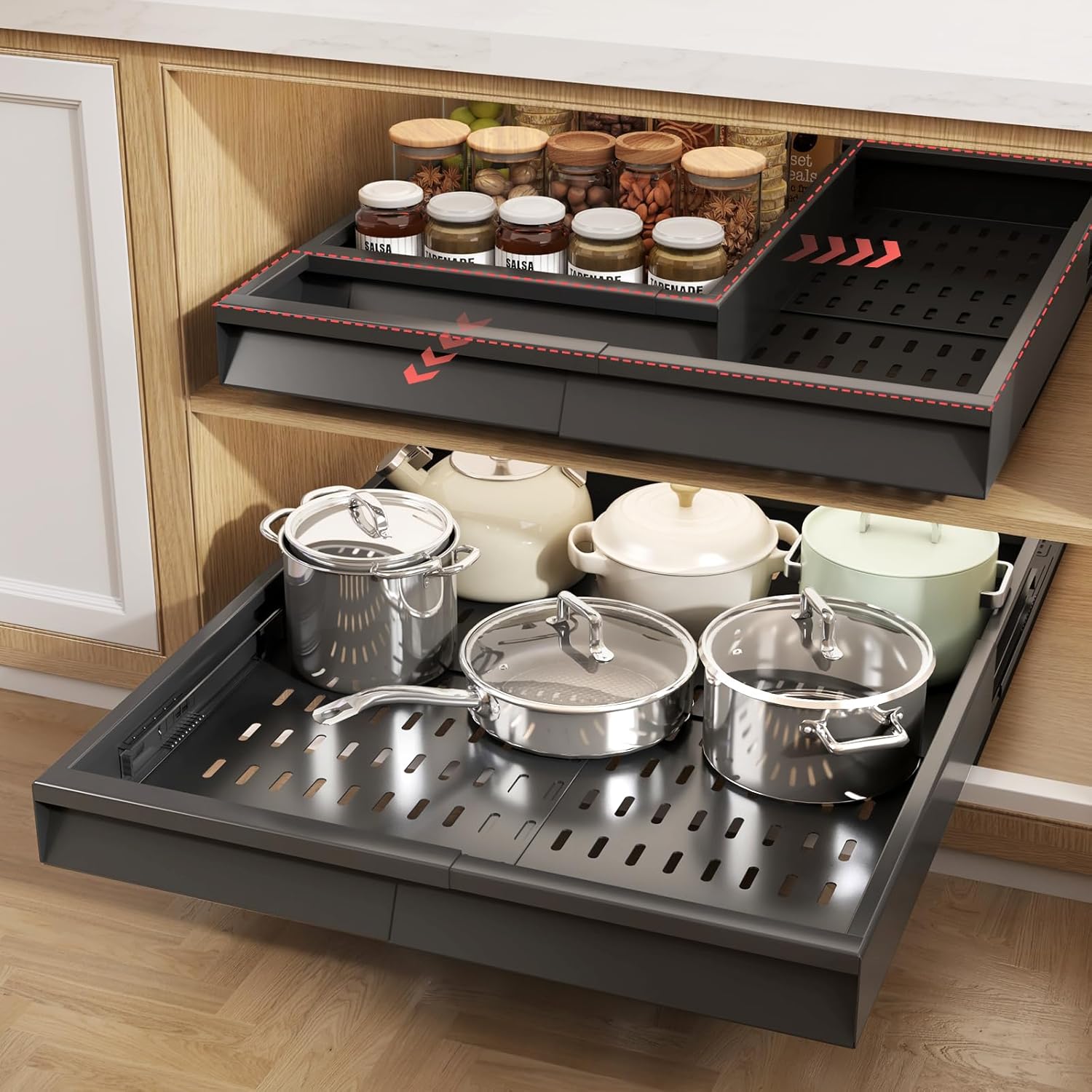 Pull Out Cabinet Organizer with Adjustable Width and Depth