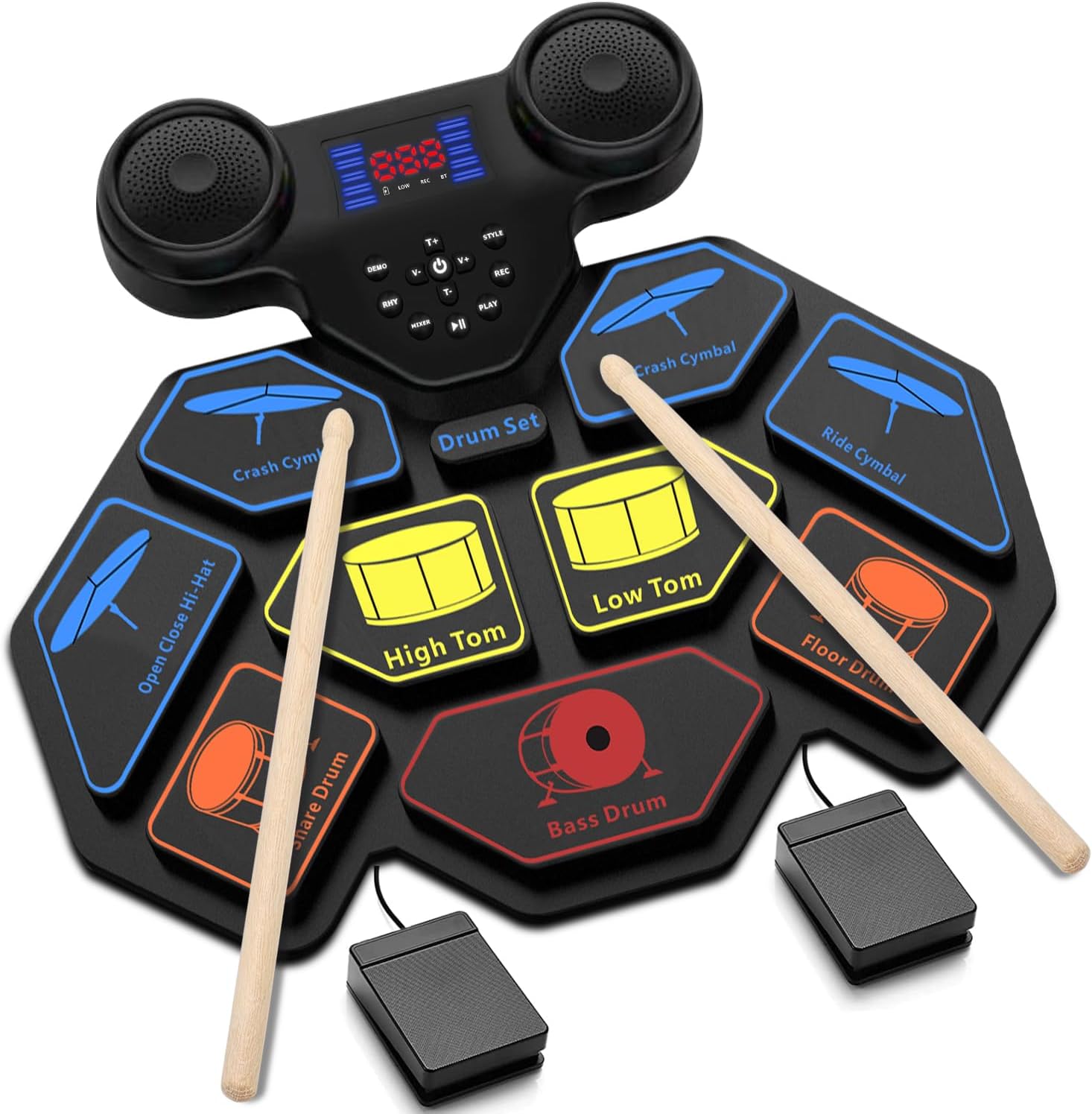 Portable Electric Drum Set with MIDI and Dual Speakers for All