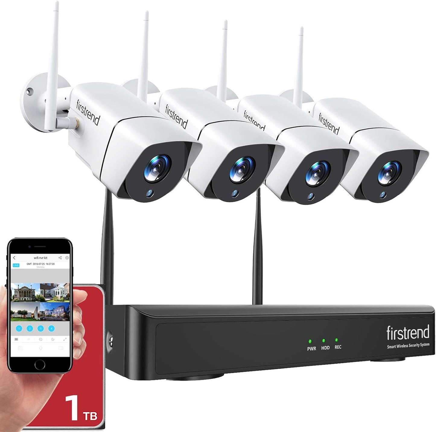 Firstrend 1080P Wireless Security System - 4 Cameras, 1TB HDD