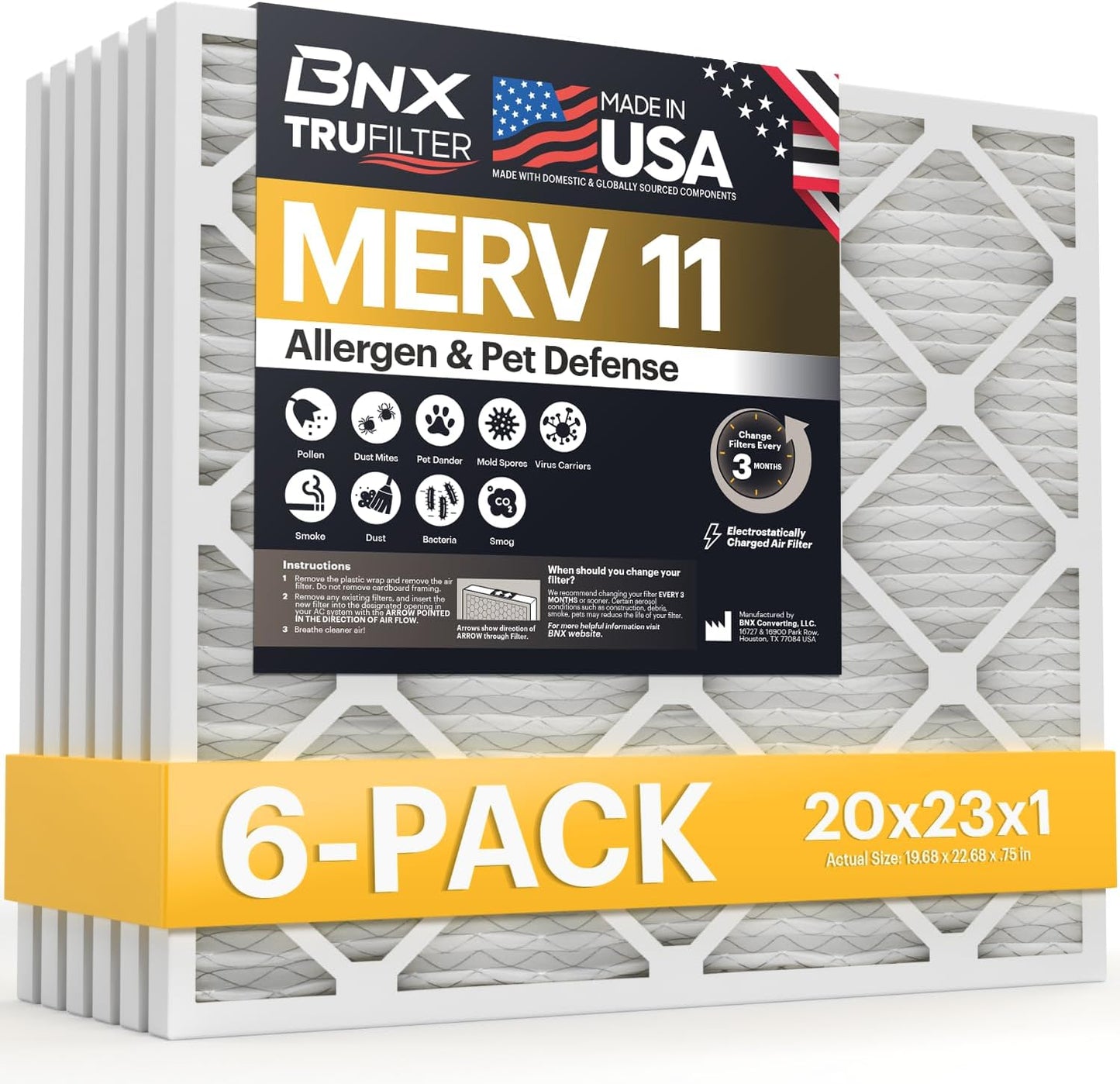 BNX TruFilter 20x23x1 Air Filter MERV 11 for Allergies and Dust