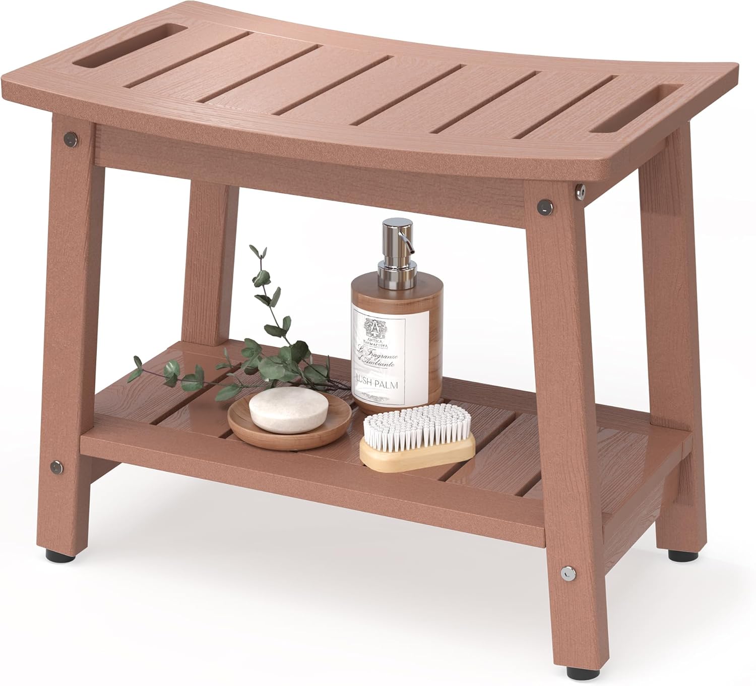 Teak-Color HDPE Shower Bench with Adjustable Feet for Stability
