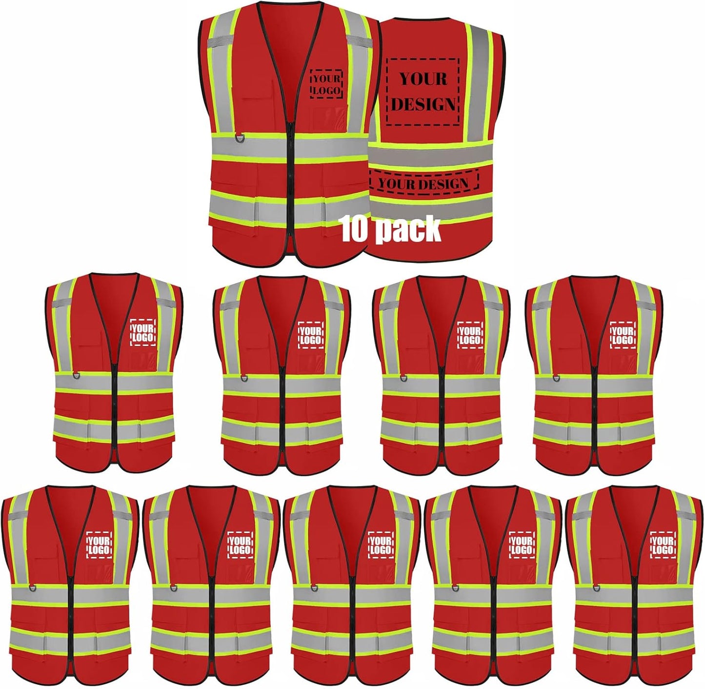 High Visibility Reflective Safety Vest with 5 Pockets & Zipper