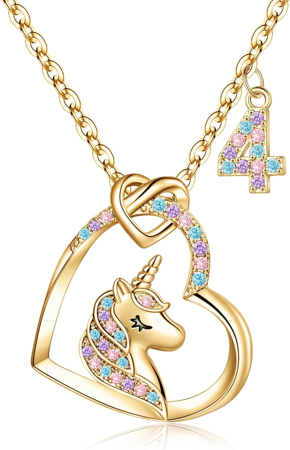 14K Gold Plated Unicorn Necklace - Colorful CZ Heart Pendant