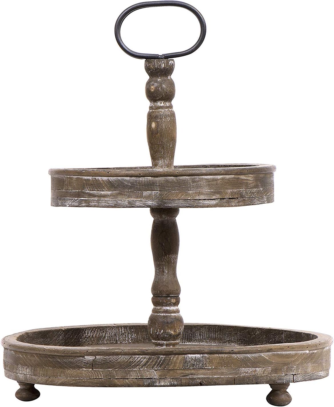 Distressed Brown Wood 2-Tier Tray with Metal Handle for Storage