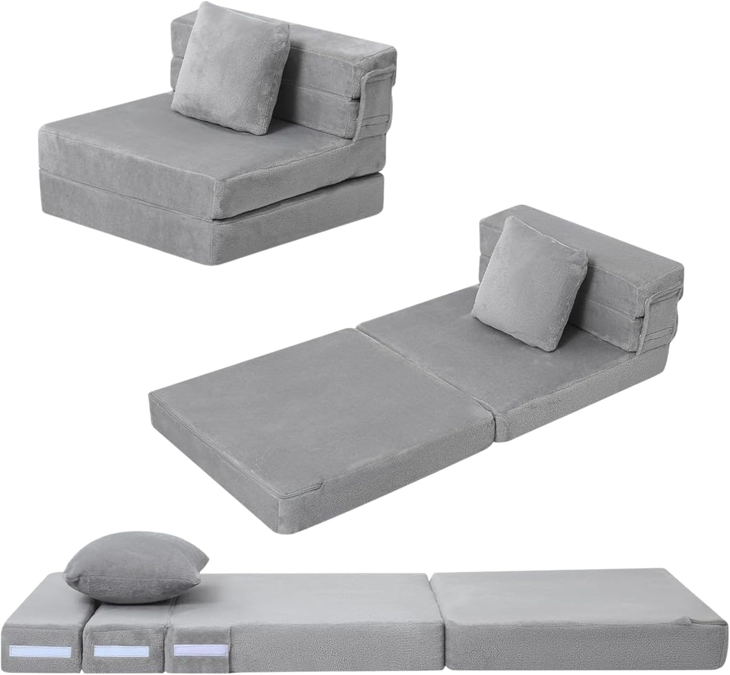 MeMoreCool Foldable Futon Chair Bed for Kids - Grey Tri-fold Sofa