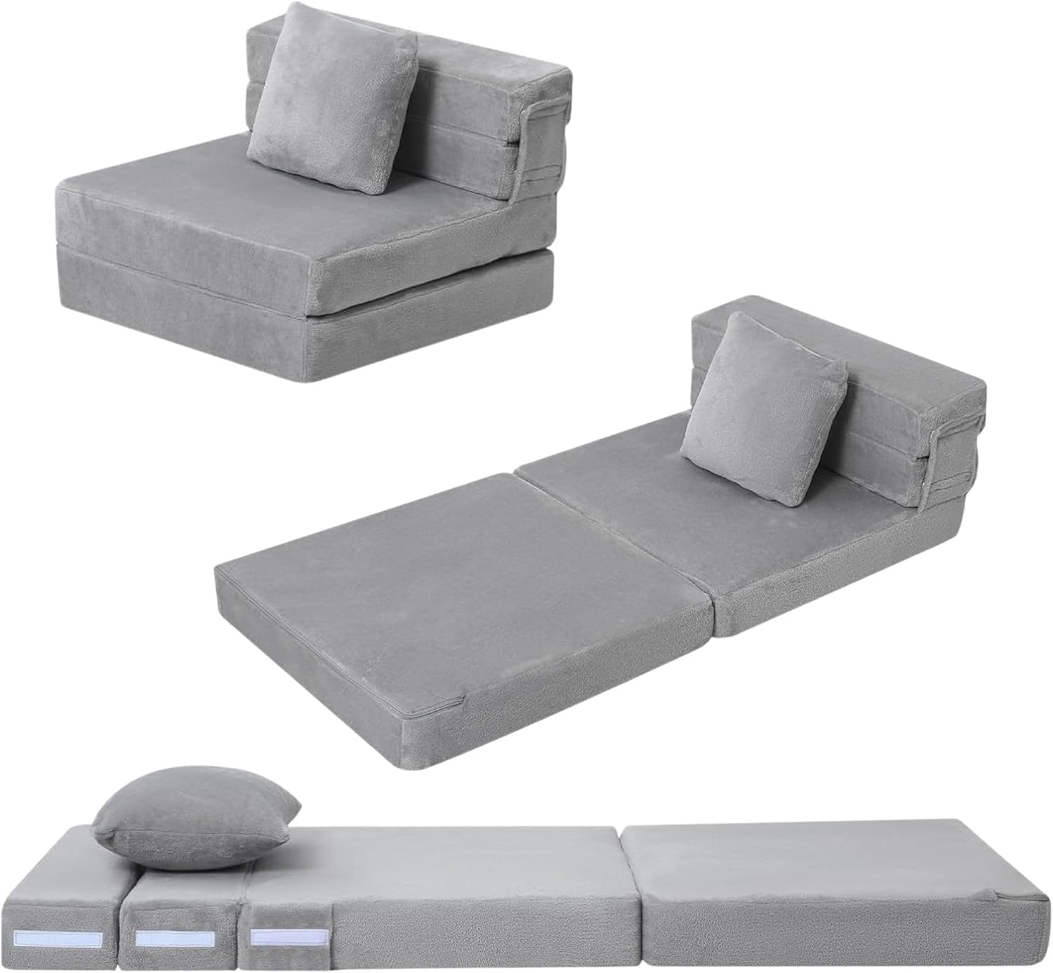 MeMoreCool Foldable Futon Chair Bed for Kids - Grey Tri-fold Sofa