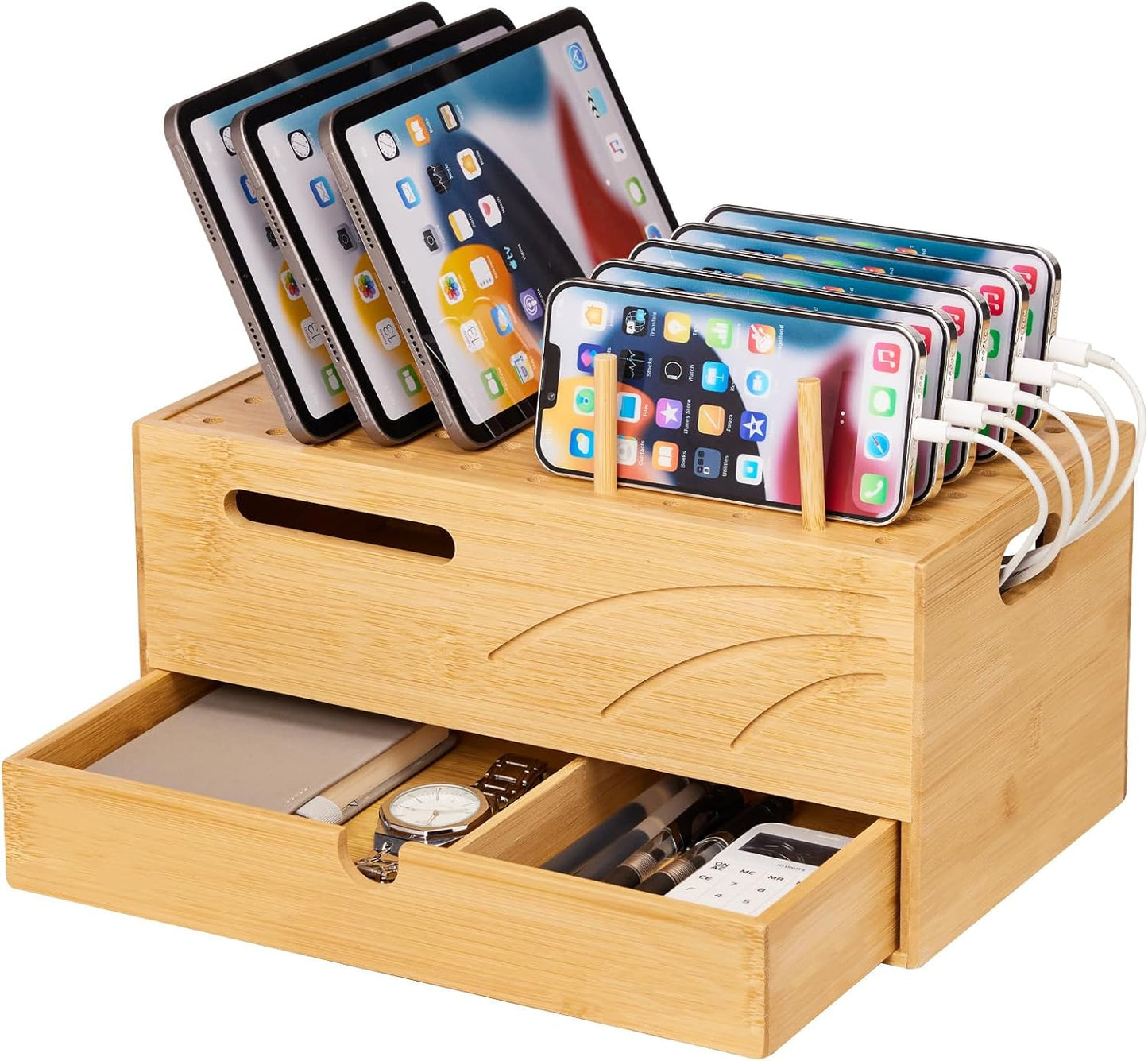 Bamboo Charging Station for Multiple Devices - Desk Organizer Rack