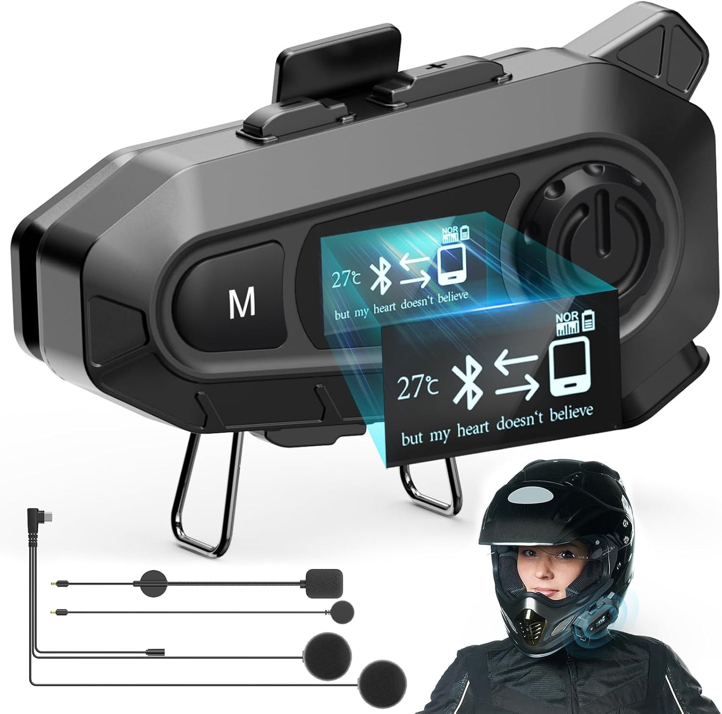 Motorcycle Bluetooth 5.4 Headset with LCD Screen and 48h Music