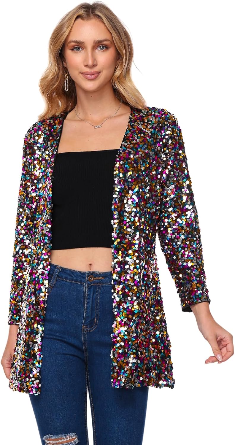 Women's Sequin Jacket Long Sleeve Open Front Blazer for Parties