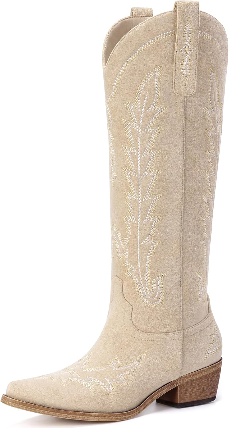 Cowboy Boots for Women - Knee High Pointed Toe Chunky Heel