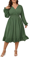 Women's Plus Size Fall Dress Long Sleeve V Neck Smocked Ruffle Midi