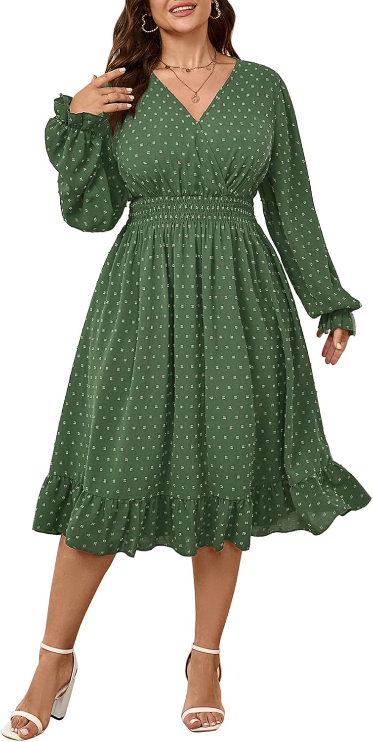 Women's Plus Size Fall Dress Long Sleeve V Neck Smocked Style