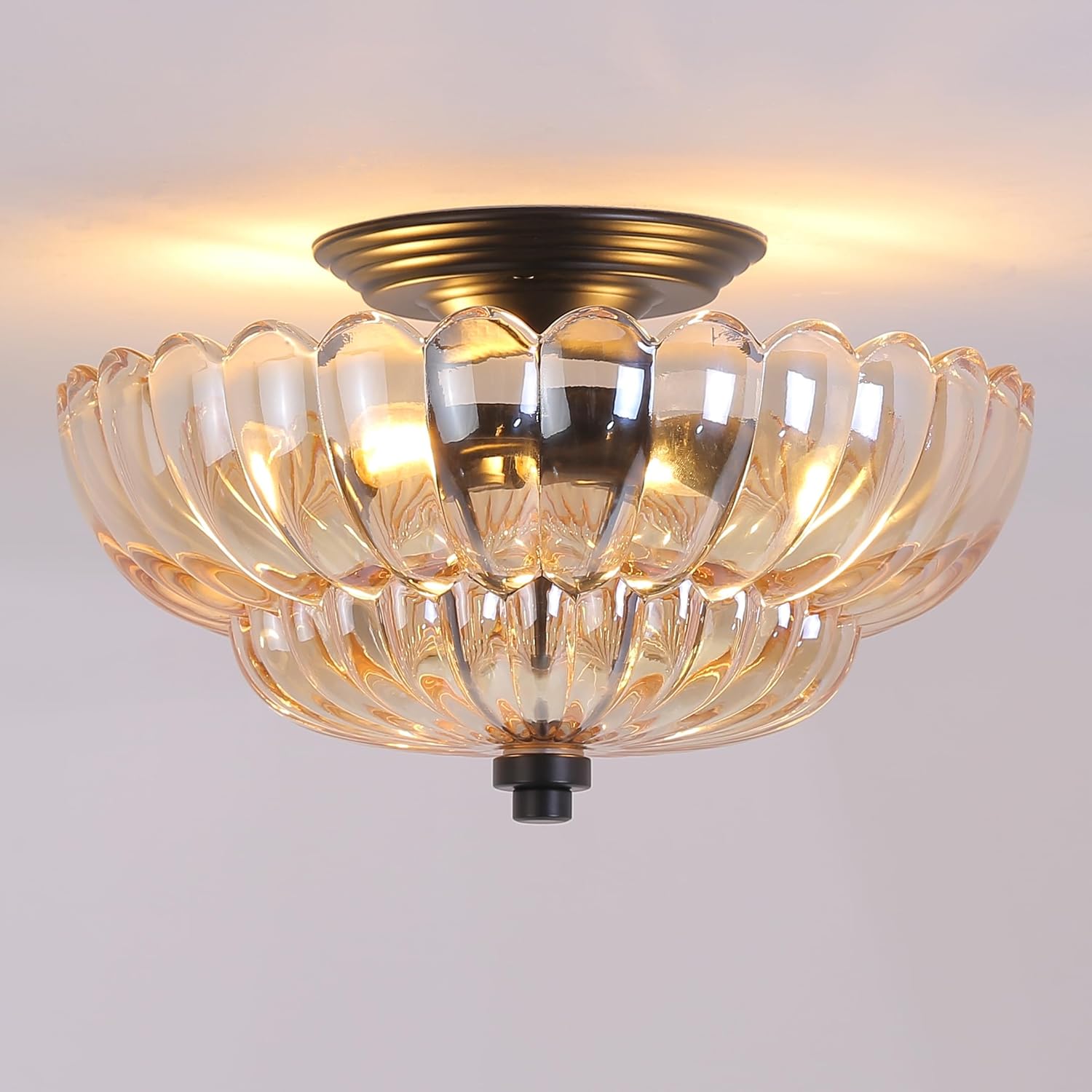 Semi Flush Mount Ceiling Light with Scalloped Amber Glass Design