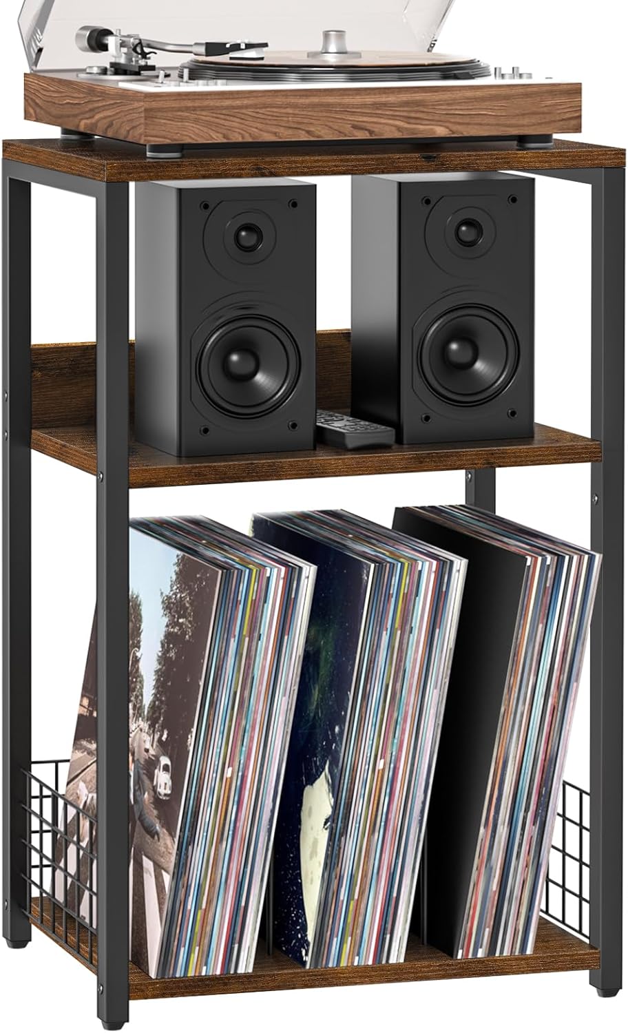 Stylish Large Brown Record Player Stand with Vinyl Storage