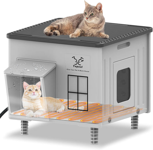 Tepoal Heated Cat House for Outside Winter Weatherproof Shelter