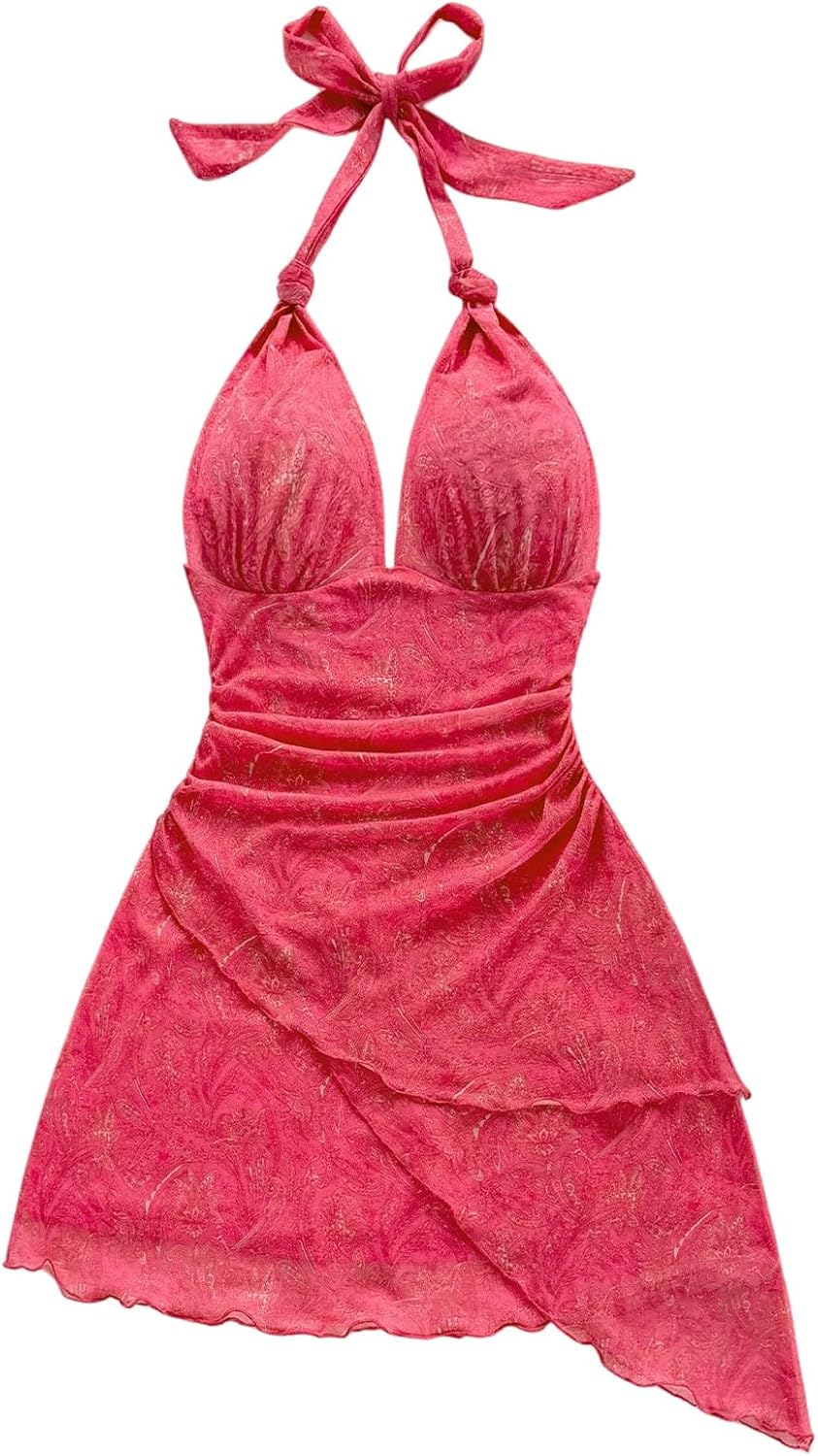 SOLY HUX Women's Sexy Tie Dye Print Halter V Neck Mini Dress