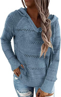 Women Blue Color Block Hooded Crochet Sweater - Lightweight Fit