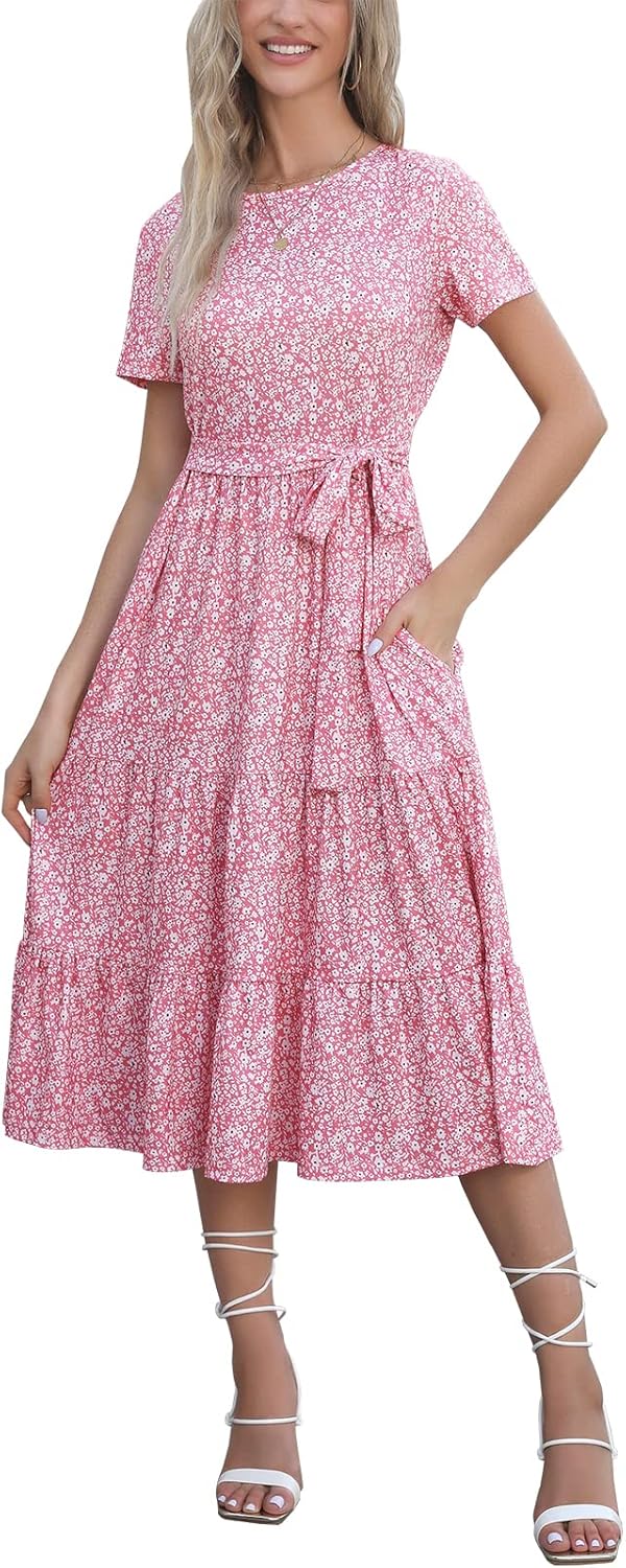 Lyrur Women's Casual Summer Tiered Midi Dress with Pockets