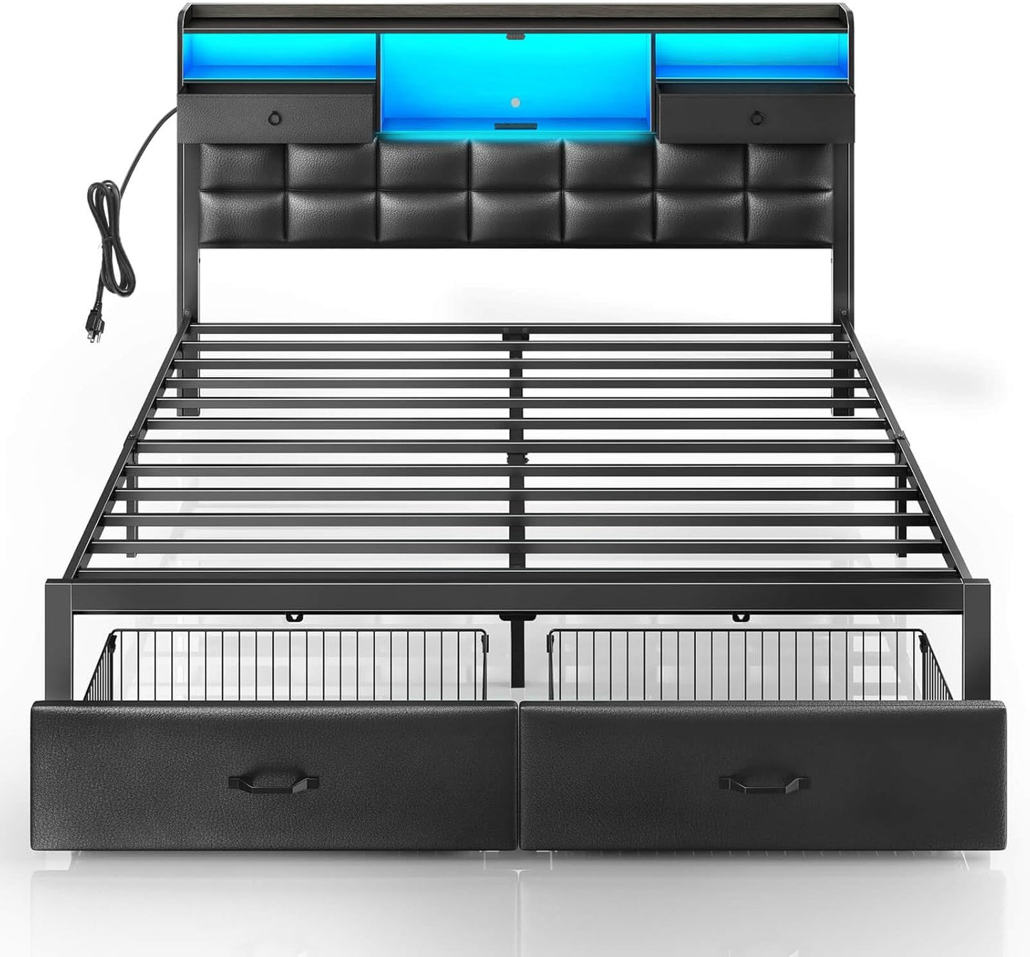 Rolanstar King Size Bed Frame with Drawers and LED Light