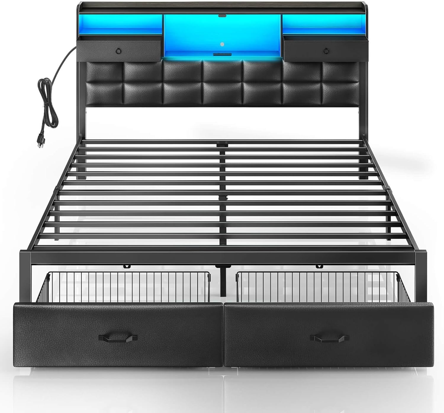 Rolanstar King Size Bed Frame with Drawers and LED Light