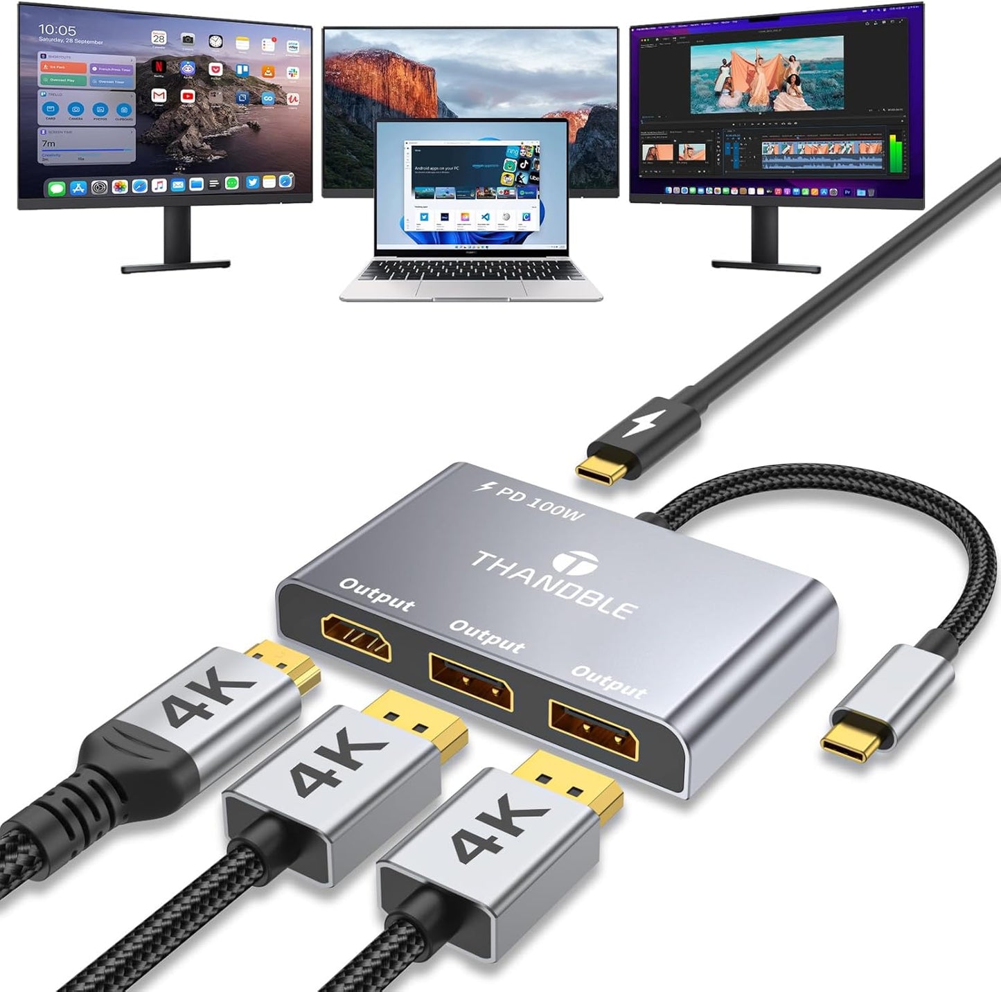 USB C to Dual DisplayPort Adapter for Triple 4K Monitor Setup
