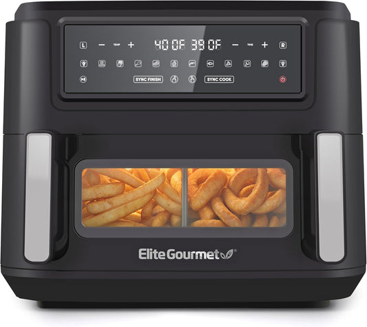 Elite Gourmet 11QT Dual Zone Air Fryer - 2 Cook Zones, 10 Preset Functions
