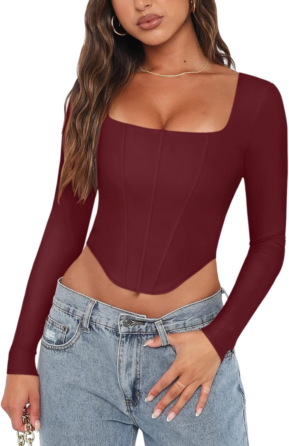 REORIA Womens Sexy Square Neck Long Sleeve Backless Corset Top
