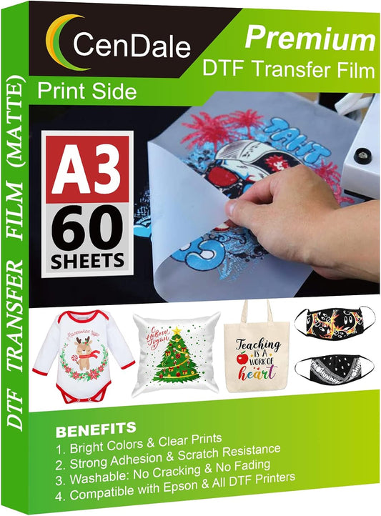 CenDale DTF Transfer Film - 60 Double-Sided Matte Sheets for DIY T-Shirt Printing