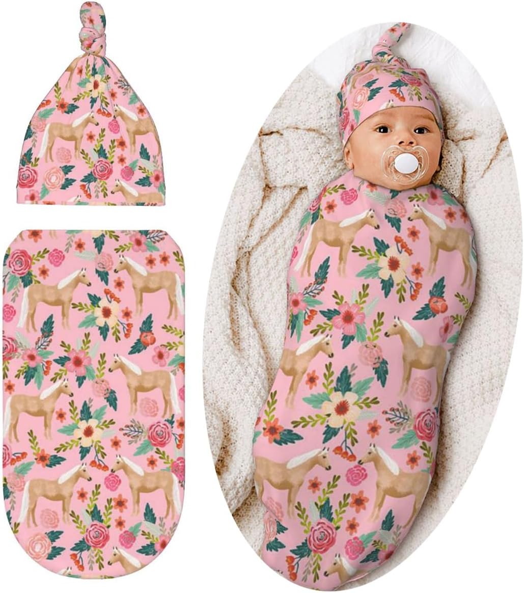 Cute Horses Baby Swaddle Set - Soft Sleep Sack & Hat for Newborns