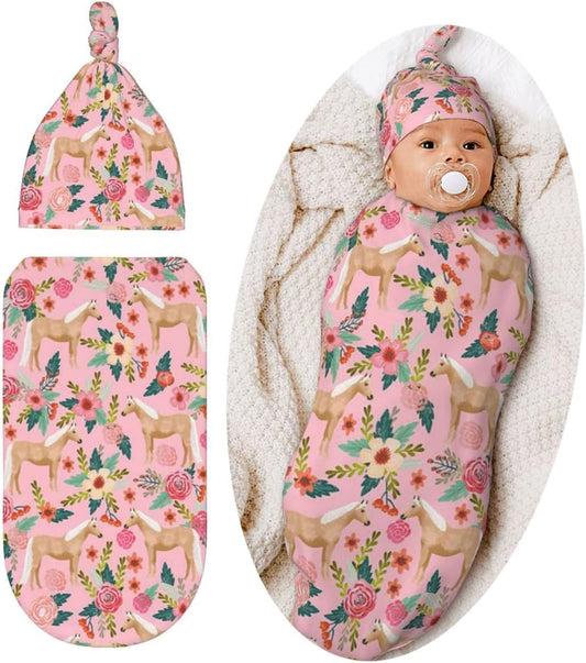 Cute Horses Baby Swaddle Set - Soft Sleep Sack & Hat for Newborns